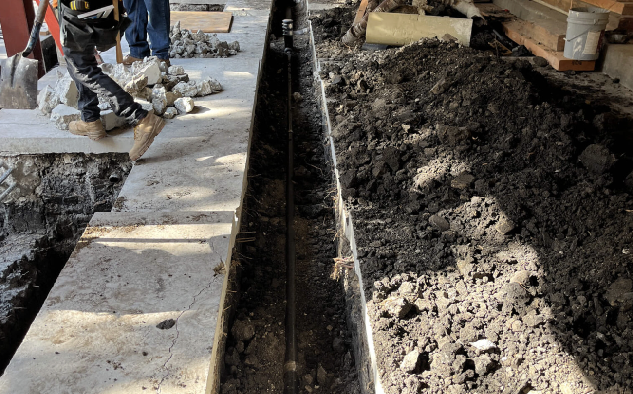 New footing and drag line excavation for soft-story retrofit