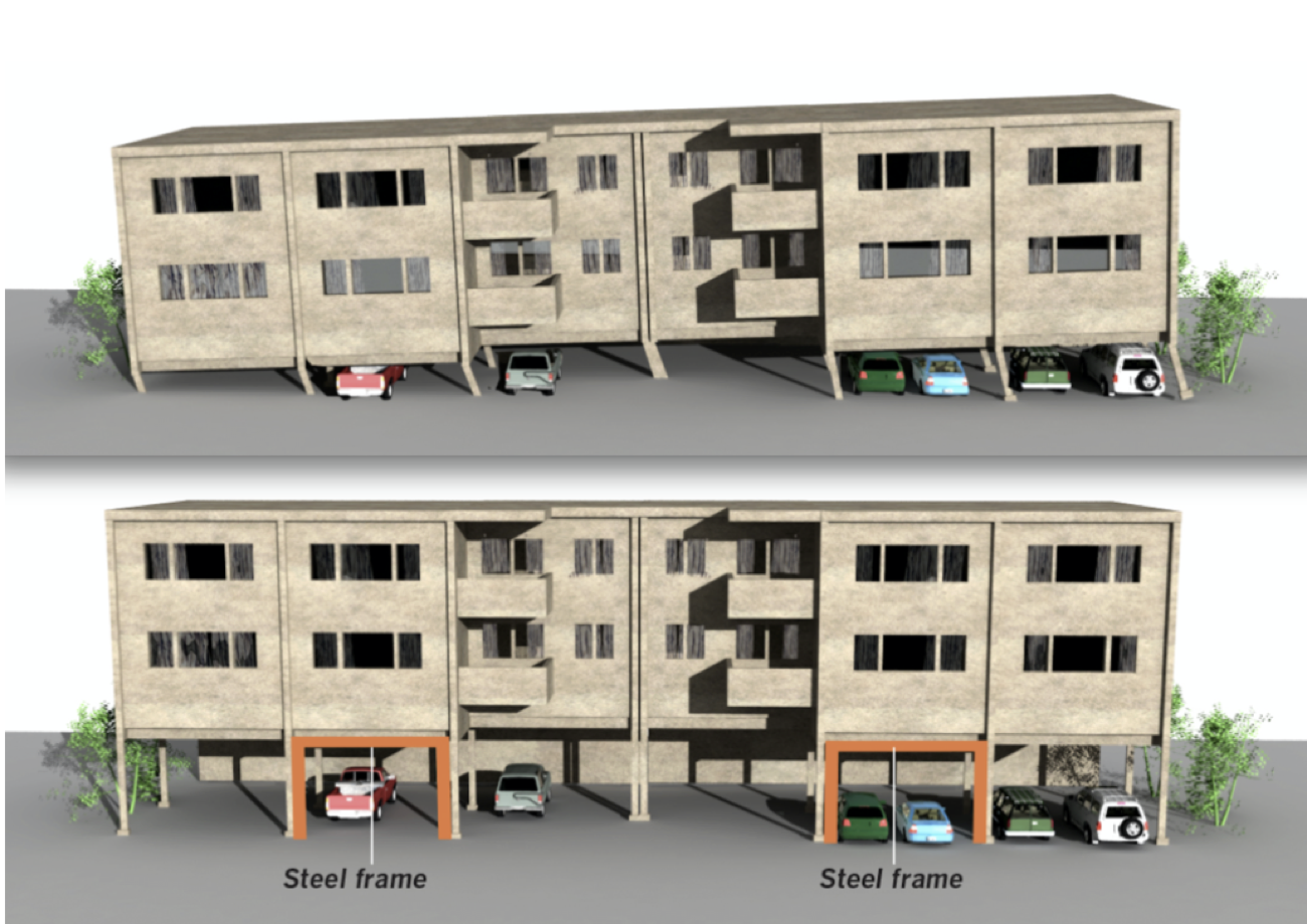 Soft-story building before and after steel frame reinforcement